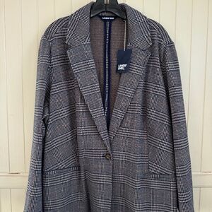 Lands' End Blazer Women's 2X Single Button Gray Blue Plaid Cotton Blend Stretchy